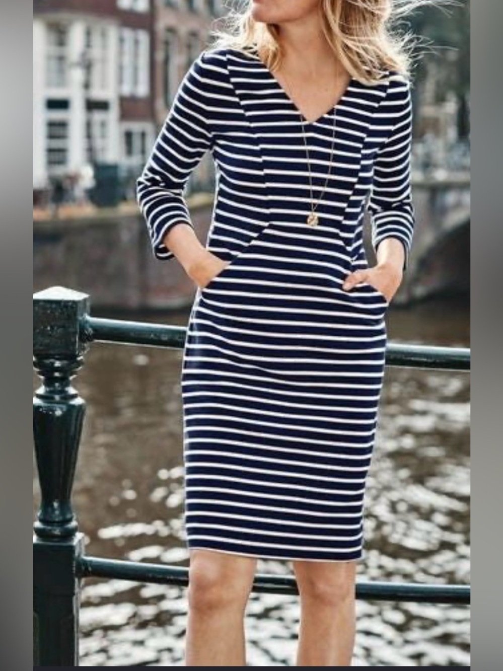 EUC Boden Bronte Ottoman Navy White Stripe Knit Midi Dress Pockets US 12R